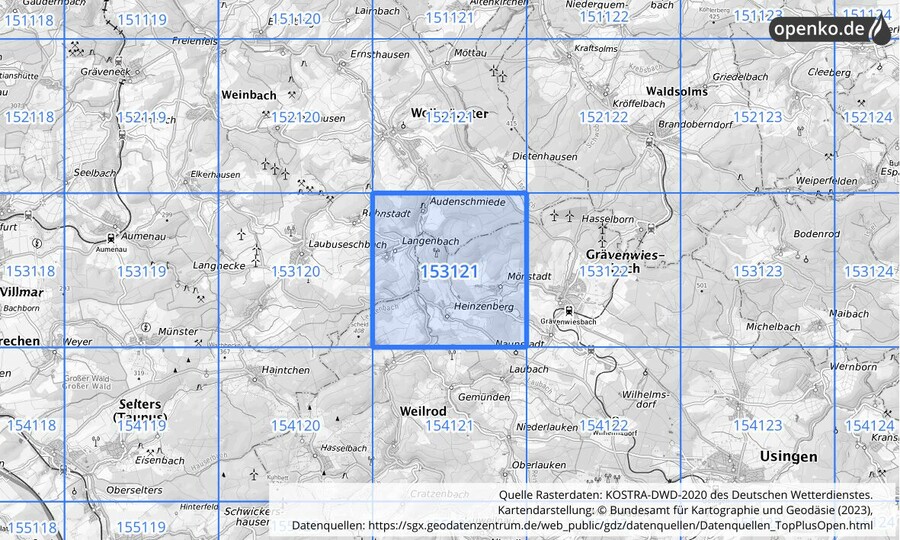 Übersichtskarte des KOSTRA-DWD-2020-Rasterfeldes Nr. 153121