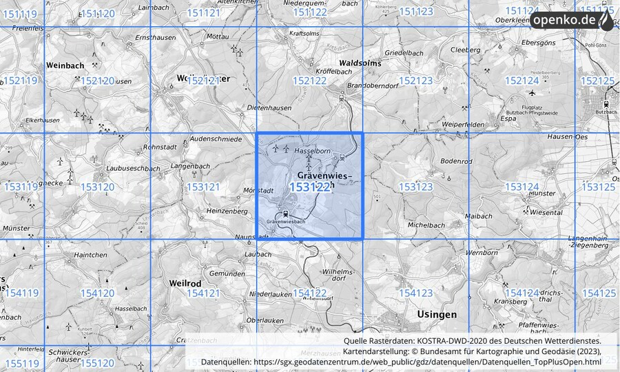 Übersichtskarte des KOSTRA-DWD-2020-Rasterfeldes Nr. 153122