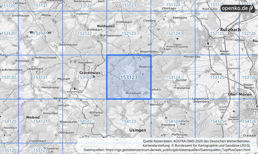 Übersichtskarte des KOSTRA-DWD-2020-Rasterfeldes Nr. 153123