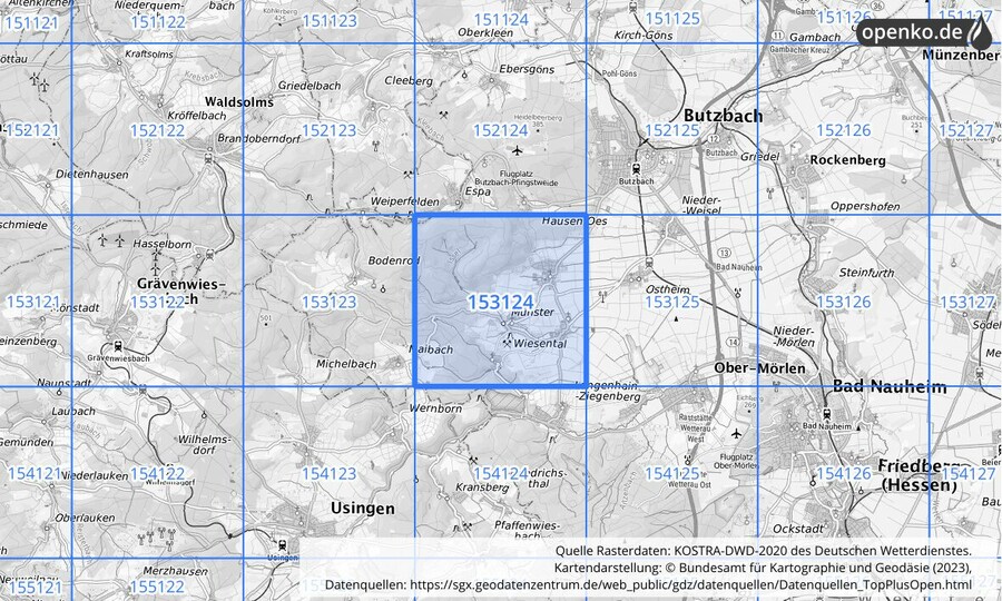 Übersichtskarte des KOSTRA-DWD-2020-Rasterfeldes Nr. 153124