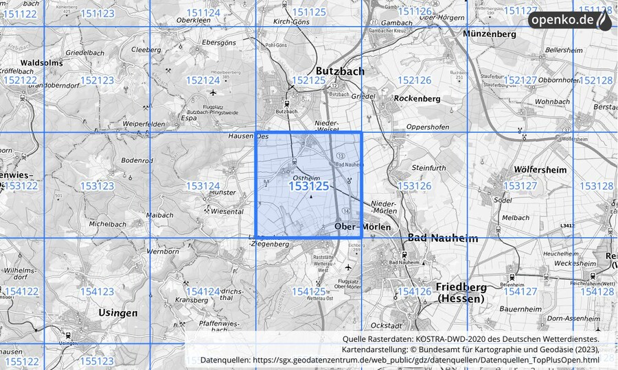 Übersichtskarte des KOSTRA-DWD-2020-Rasterfeldes Nr. 153125