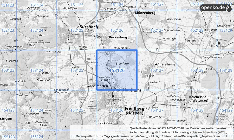 Übersichtskarte des KOSTRA-DWD-2020-Rasterfeldes Nr. 153126