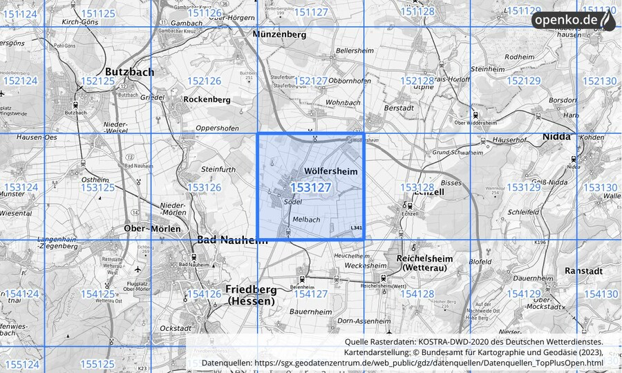 Übersichtskarte des KOSTRA-DWD-2020-Rasterfeldes Nr. 153127