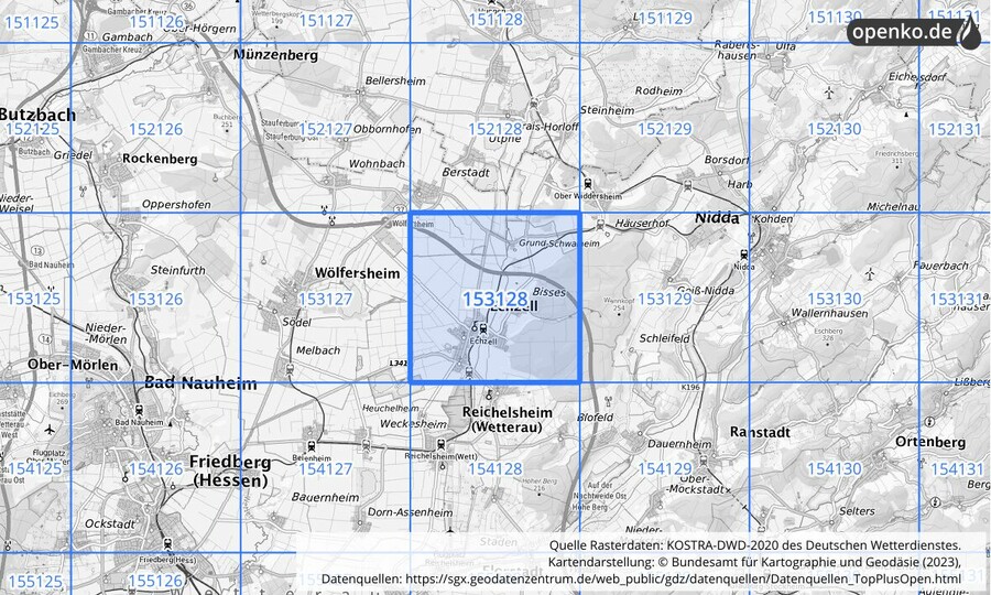 Übersichtskarte des KOSTRA-DWD-2020-Rasterfeldes Nr. 153128