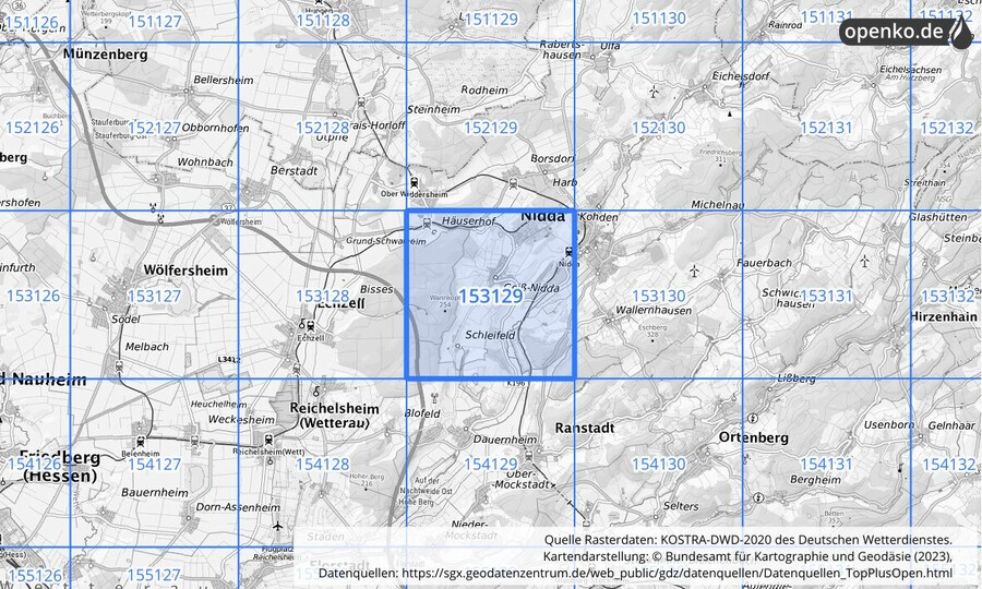 Übersichtskarte des KOSTRA-DWD-2020-Rasterfeldes Nr. 153129