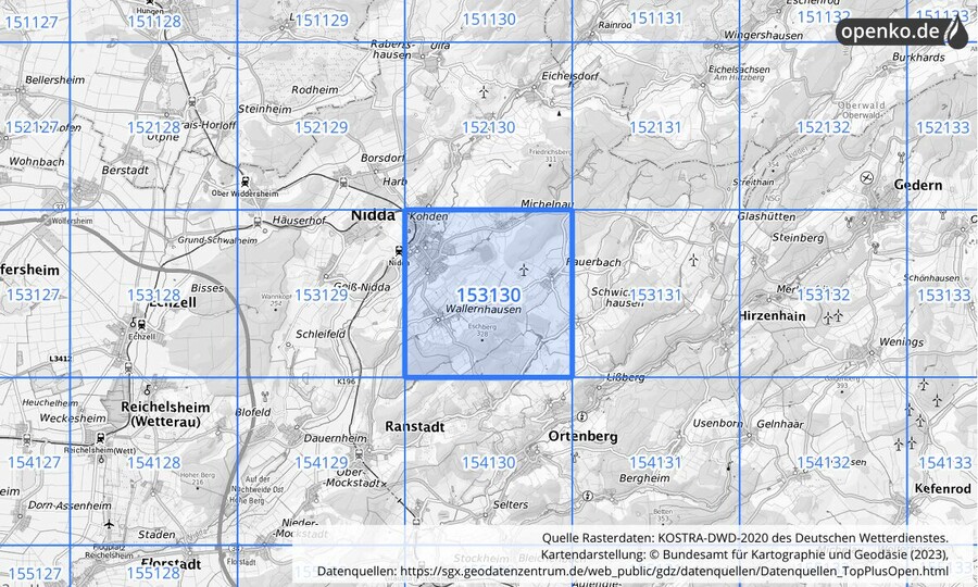 Übersichtskarte des KOSTRA-DWD-2020-Rasterfeldes Nr. 153130