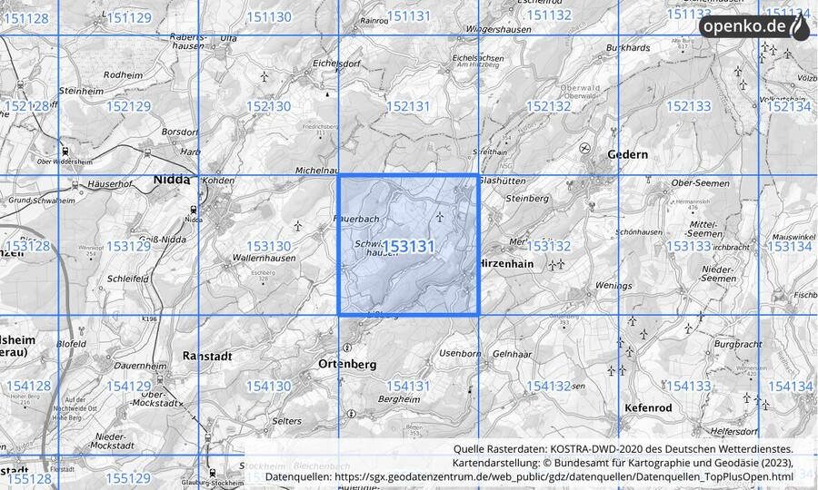 Übersichtskarte des KOSTRA-DWD-2020-Rasterfeldes Nr. 153131