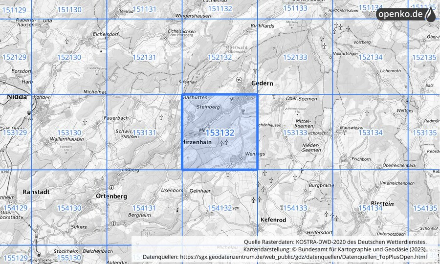 Übersichtskarte des KOSTRA-DWD-2020-Rasterfeldes Nr. 153132