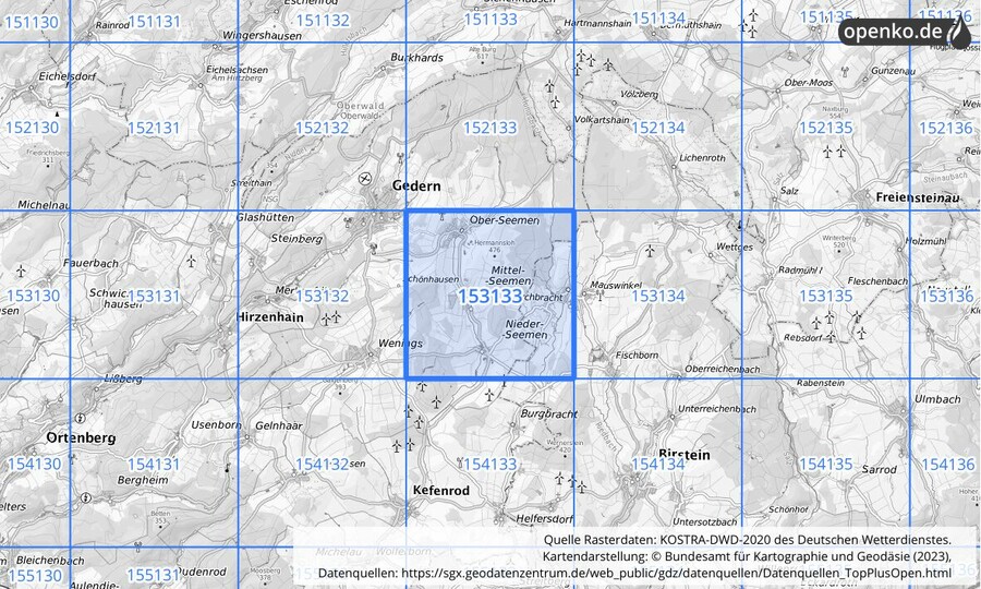 Übersichtskarte des KOSTRA-DWD-2020-Rasterfeldes Nr. 153133
