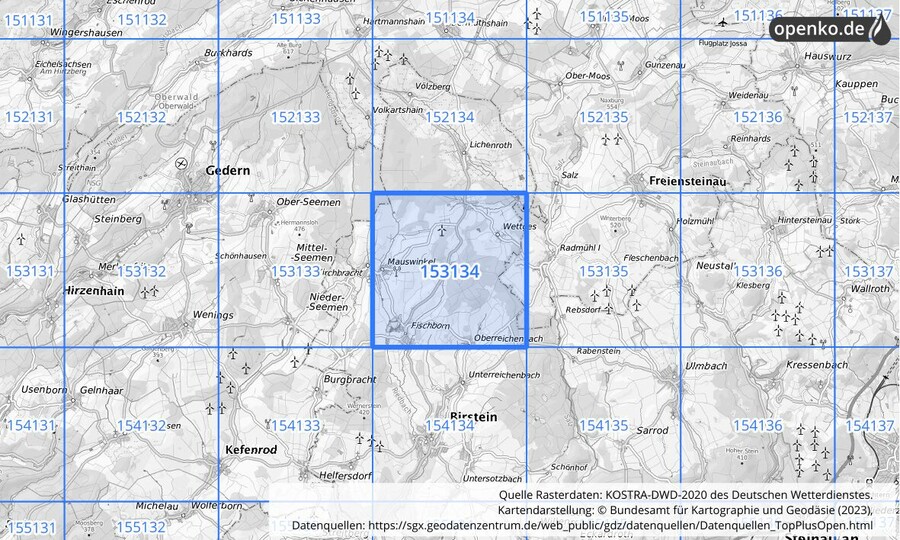 Übersichtskarte des KOSTRA-DWD-2020-Rasterfeldes Nr. 153134