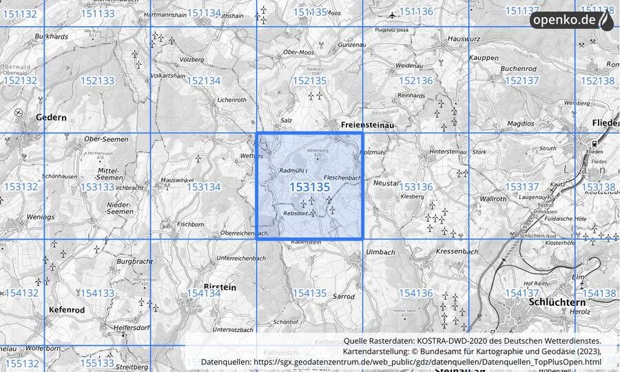 Übersichtskarte des KOSTRA-DWD-2020-Rasterfeldes Nr. 153135