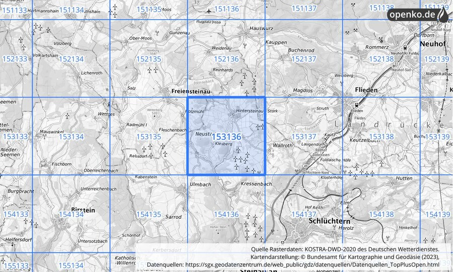 Übersichtskarte des KOSTRA-DWD-2020-Rasterfeldes Nr. 153136