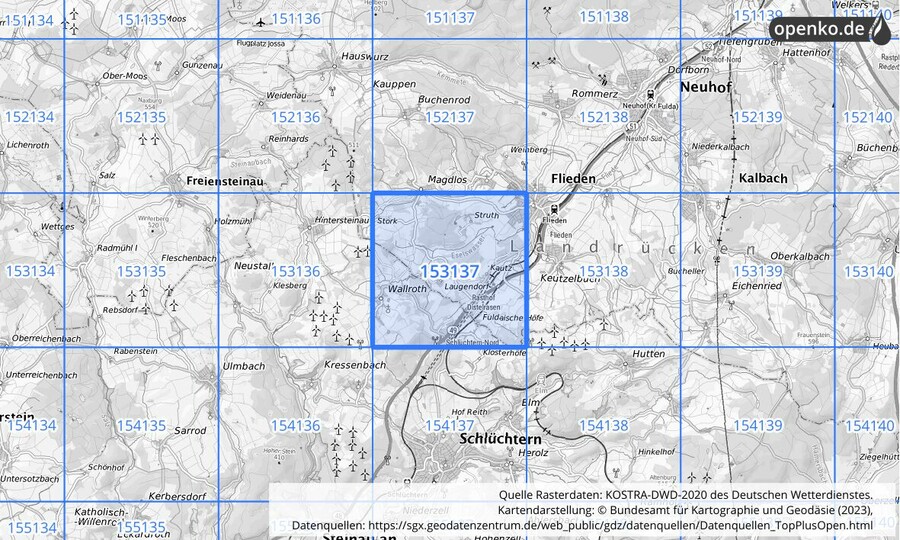 Übersichtskarte des KOSTRA-DWD-2020-Rasterfeldes Nr. 153137