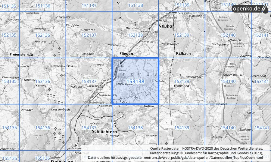 Übersichtskarte des KOSTRA-DWD-2020-Rasterfeldes Nr. 153138