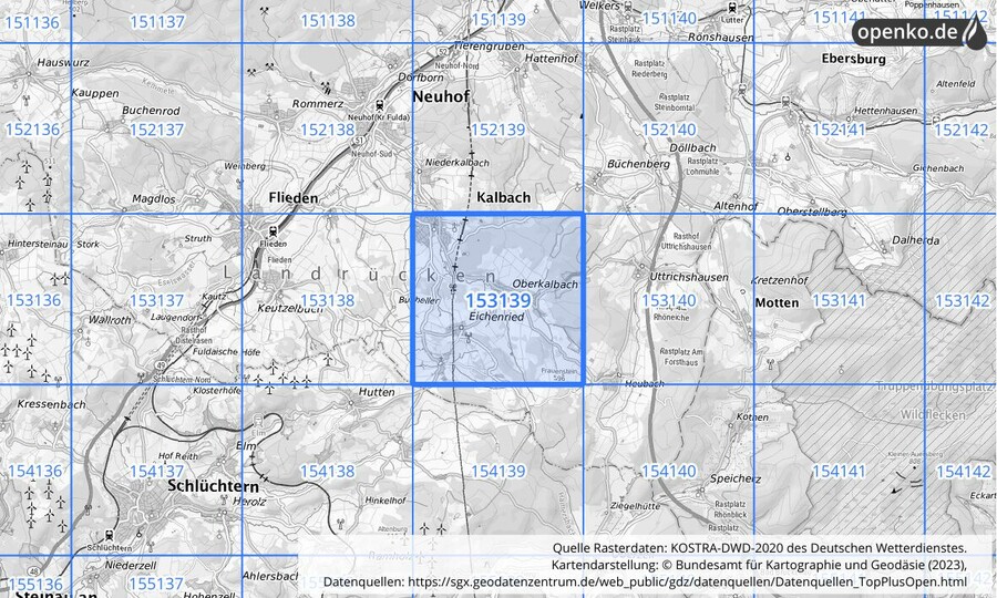 Übersichtskarte des KOSTRA-DWD-2020-Rasterfeldes Nr. 153139