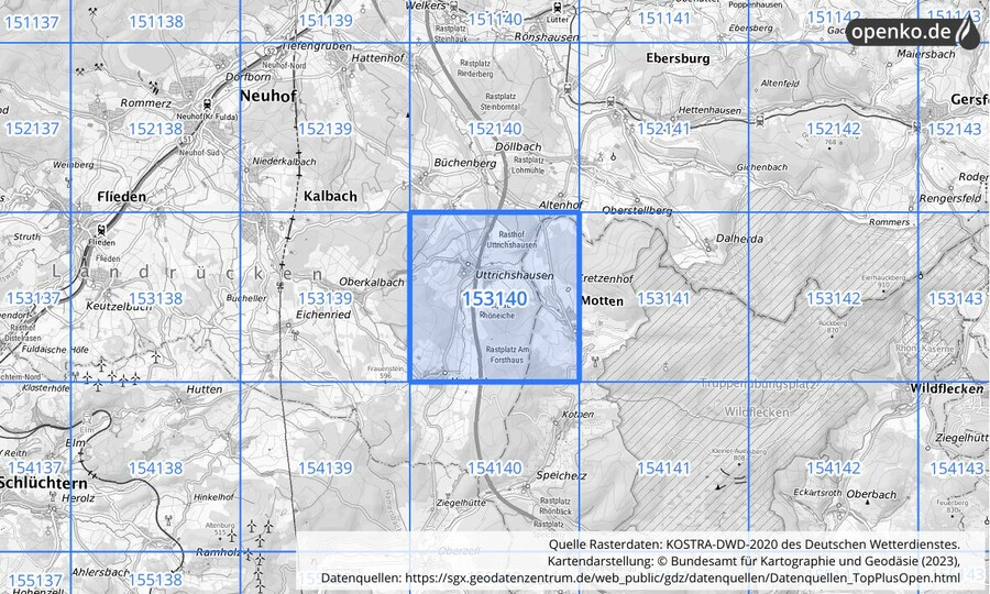 Übersichtskarte des KOSTRA-DWD-2020-Rasterfeldes Nr. 153140