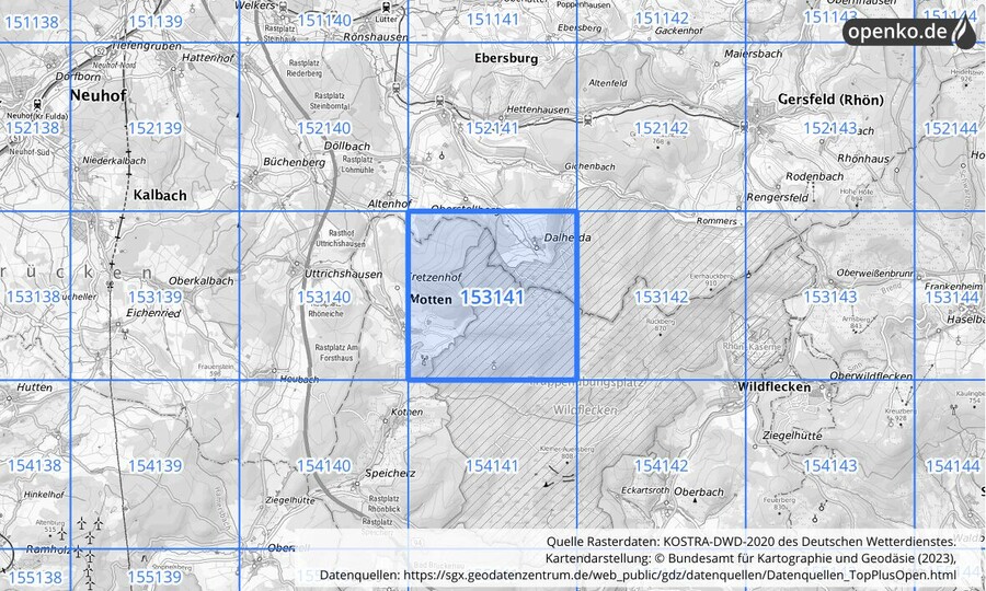 Übersichtskarte des KOSTRA-DWD-2020-Rasterfeldes Nr. 153141