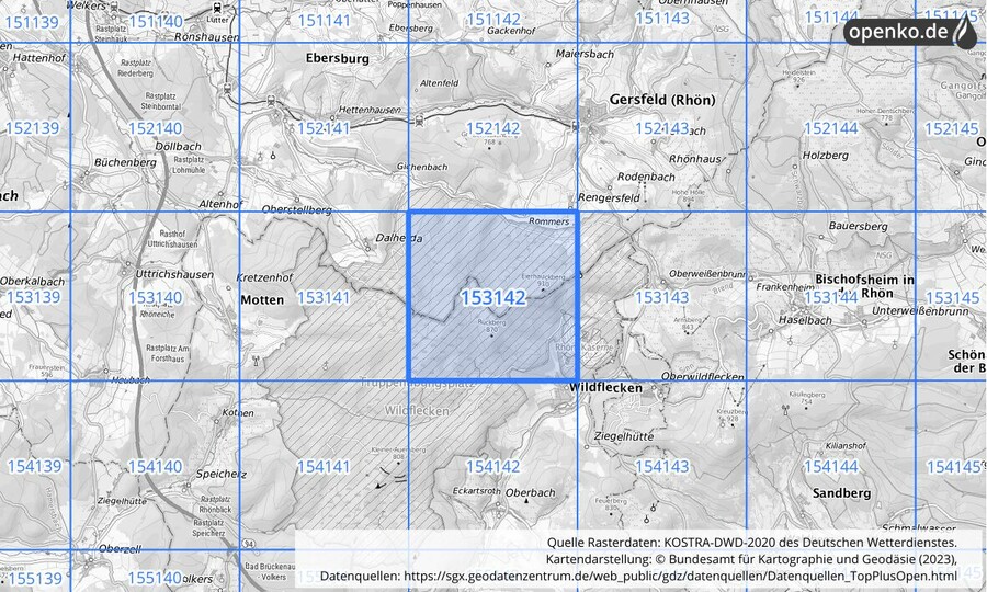 Übersichtskarte des KOSTRA-DWD-2020-Rasterfeldes Nr. 153142