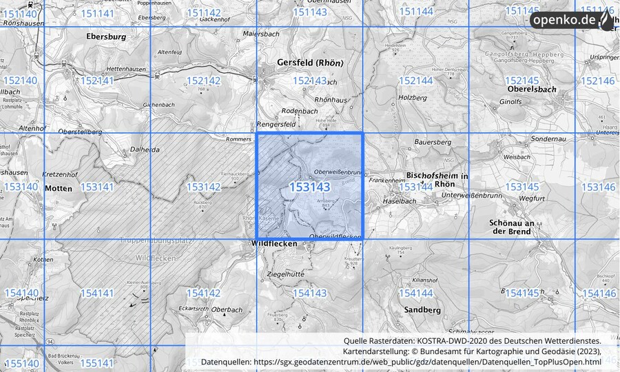 Übersichtskarte des KOSTRA-DWD-2020-Rasterfeldes Nr. 153143