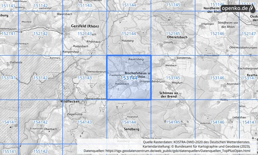 Übersichtskarte des KOSTRA-DWD-2020-Rasterfeldes Nr. 153144