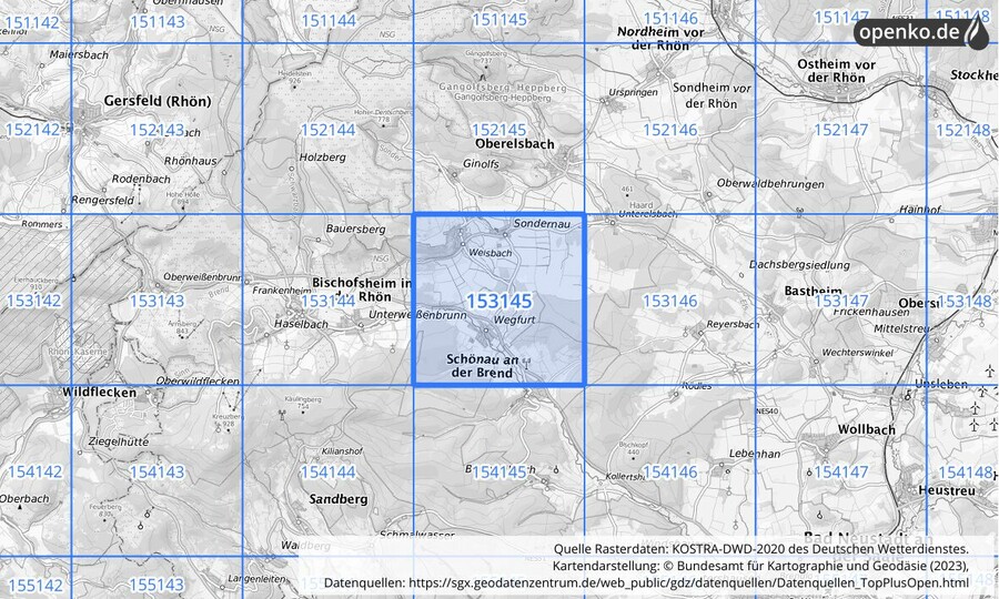 Übersichtskarte des KOSTRA-DWD-2020-Rasterfeldes Nr. 153145