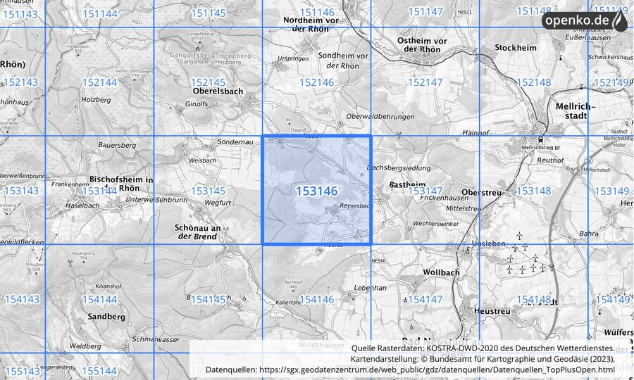 Übersichtskarte des KOSTRA-DWD-2020-Rasterfeldes Nr. 153146