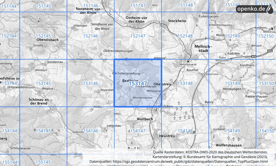 Übersichtskarte des KOSTRA-DWD-2020-Rasterfeldes Nr. 153147