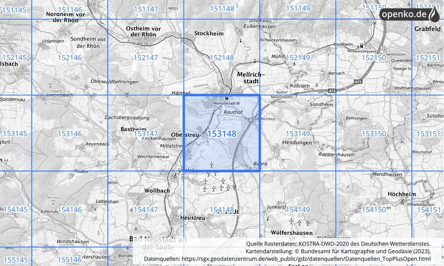 Übersichtskarte des KOSTRA-DWD-2020-Rasterfeldes Nr. 153148