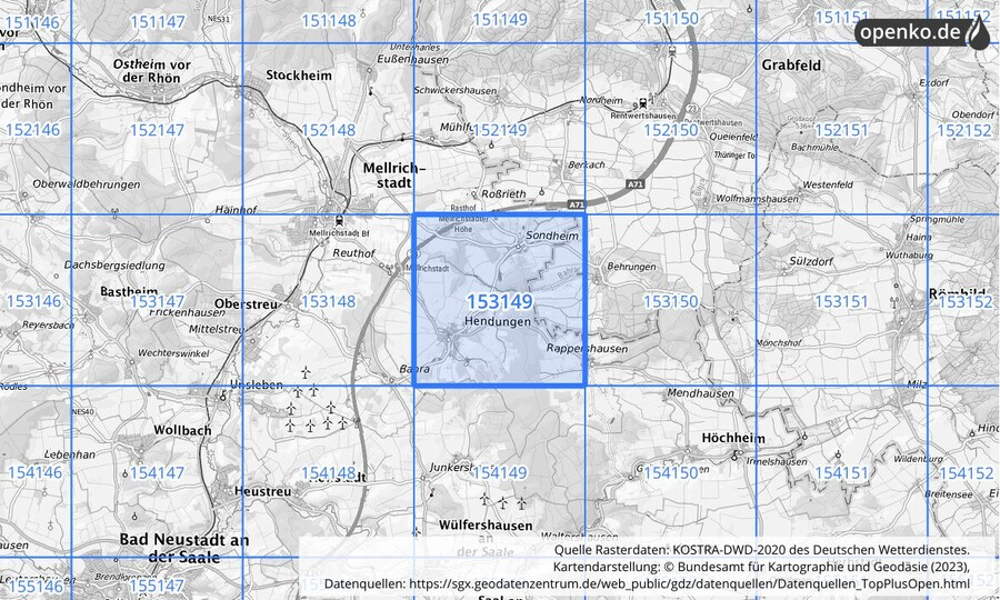 Übersichtskarte des KOSTRA-DWD-2020-Rasterfeldes Nr. 153149