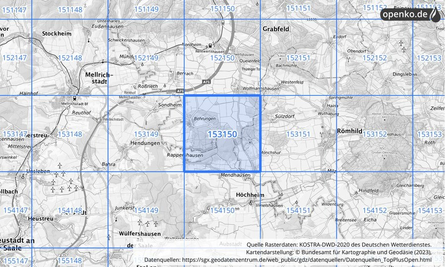 Übersichtskarte des KOSTRA-DWD-2020-Rasterfeldes Nr. 153150
