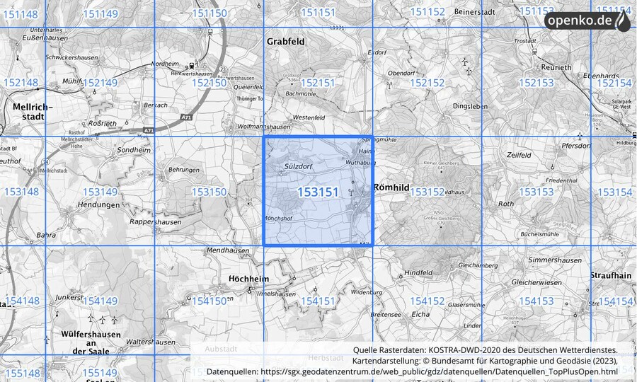 Übersichtskarte des KOSTRA-DWD-2020-Rasterfeldes Nr. 153151