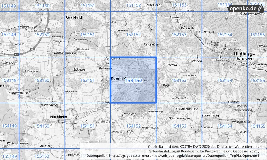 Übersichtskarte des KOSTRA-DWD-2020-Rasterfeldes Nr. 153152