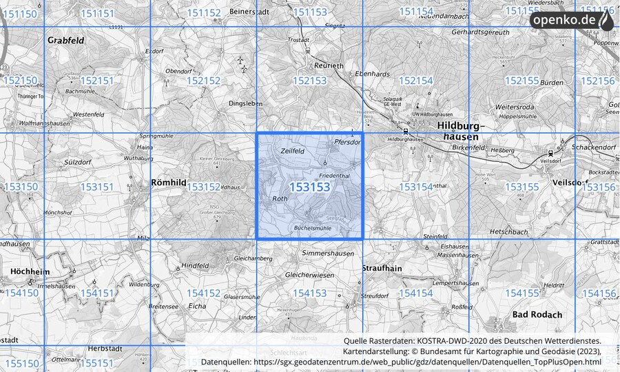 Übersichtskarte des KOSTRA-DWD-2020-Rasterfeldes Nr. 153153