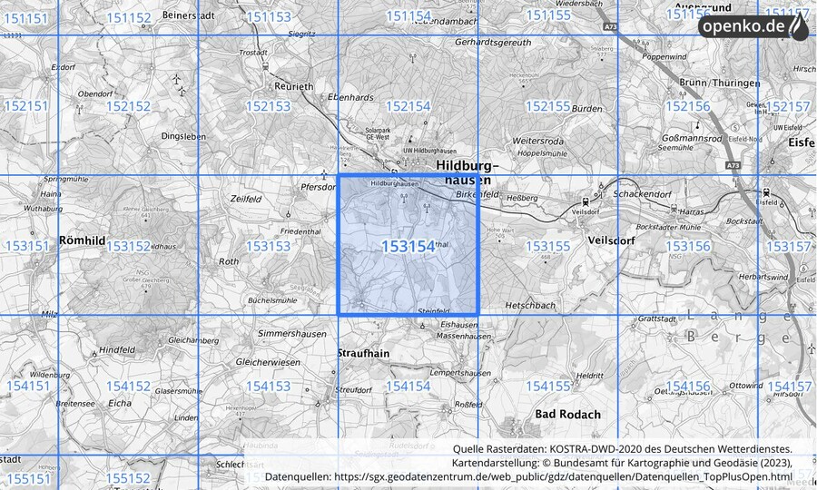 Übersichtskarte des KOSTRA-DWD-2020-Rasterfeldes Nr. 153154
