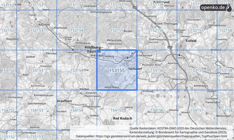 Übersichtskarte des KOSTRA-DWD-2020-Rasterfeldes Nr. 153155