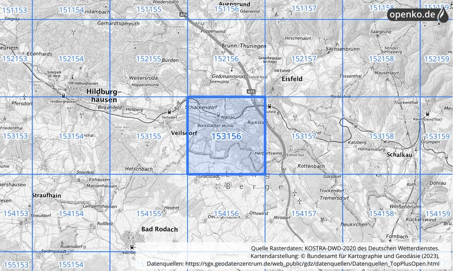 Übersichtskarte des KOSTRA-DWD-2020-Rasterfeldes Nr. 153156