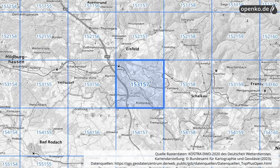 Übersichtskarte des KOSTRA-DWD-2020-Rasterfeldes Nr. 153157