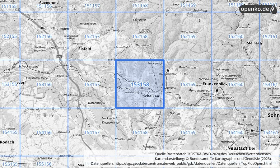 Übersichtskarte des KOSTRA-DWD-2020-Rasterfeldes Nr. 153158
