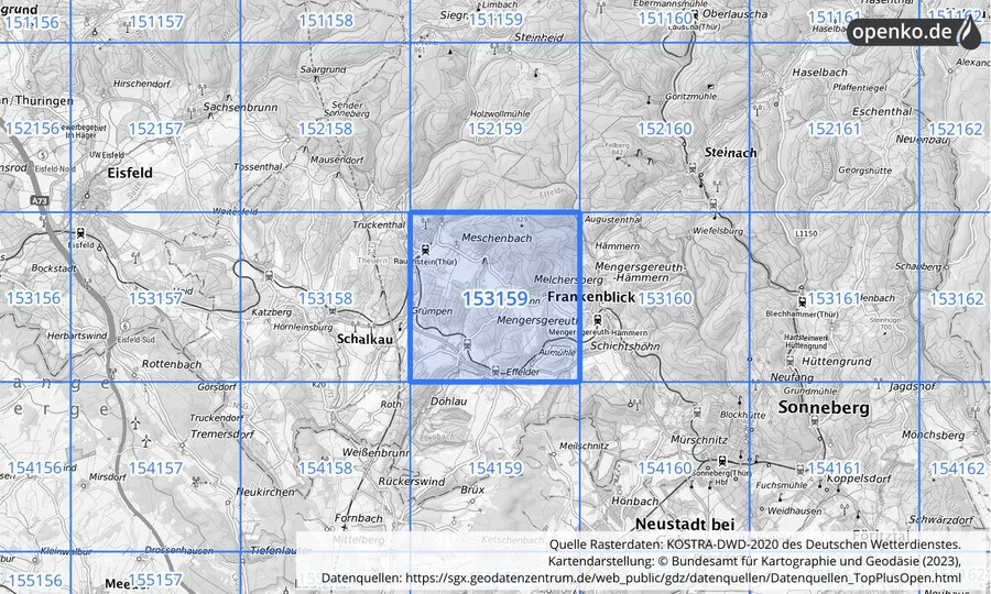 Übersichtskarte des KOSTRA-DWD-2020-Rasterfeldes Nr. 153159