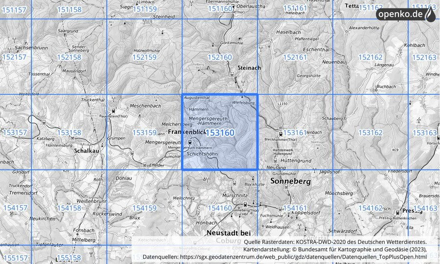 Übersichtskarte des KOSTRA-DWD-2020-Rasterfeldes Nr. 153160