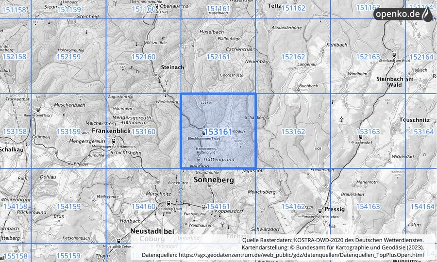 Übersichtskarte des KOSTRA-DWD-2020-Rasterfeldes Nr. 153161