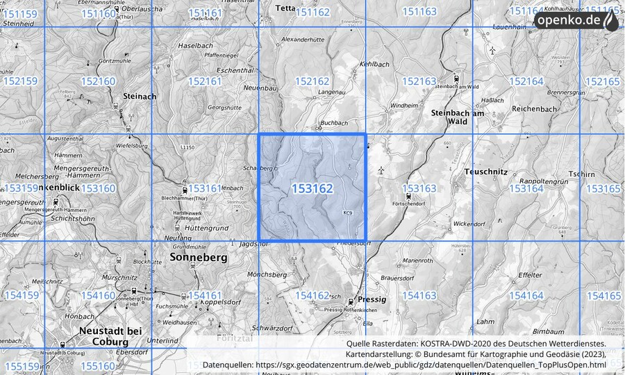 Übersichtskarte des KOSTRA-DWD-2020-Rasterfeldes Nr. 153162