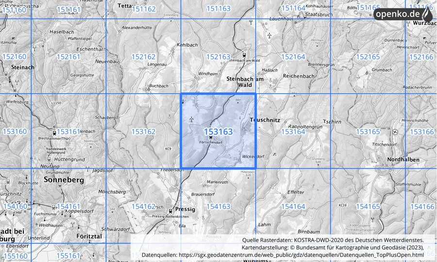 Übersichtskarte des KOSTRA-DWD-2020-Rasterfeldes Nr. 153163
