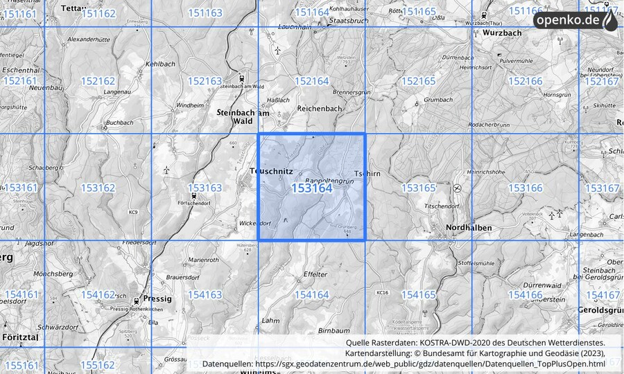 Übersichtskarte des KOSTRA-DWD-2020-Rasterfeldes Nr. 153164