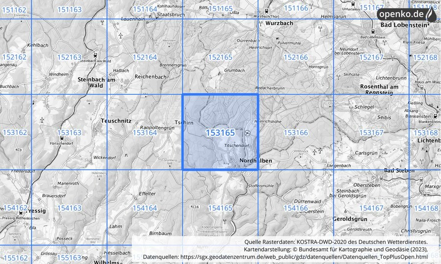 Übersichtskarte des KOSTRA-DWD-2020-Rasterfeldes Nr. 153165