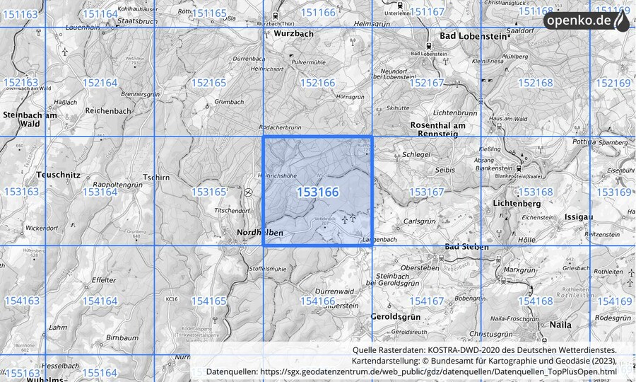 Übersichtskarte des KOSTRA-DWD-2020-Rasterfeldes Nr. 153166
