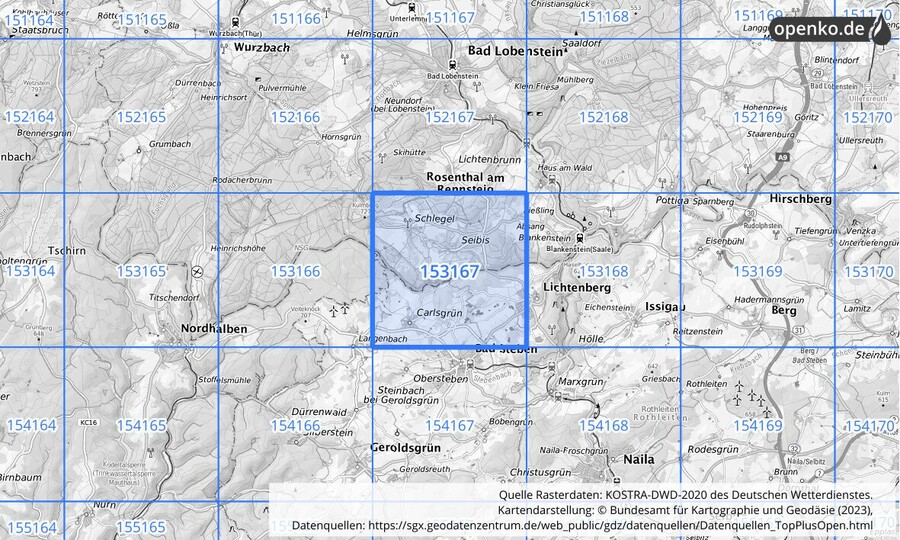 Übersichtskarte des KOSTRA-DWD-2020-Rasterfeldes Nr. 153167