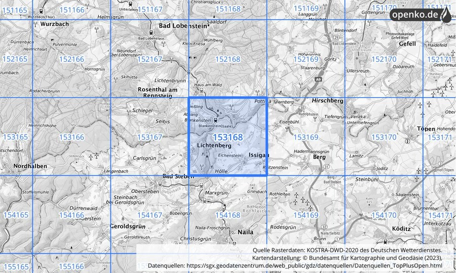 Übersichtskarte des KOSTRA-DWD-2020-Rasterfeldes Nr. 153168