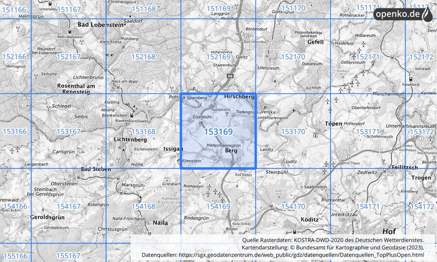 Übersichtskarte des KOSTRA-DWD-2020-Rasterfeldes Nr. 153169