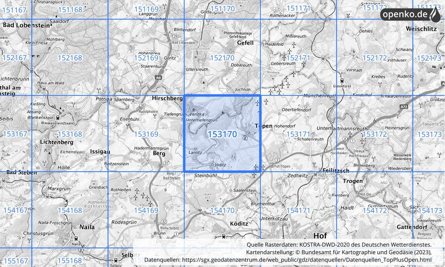 Übersichtskarte des KOSTRA-DWD-2020-Rasterfeldes Nr. 153170